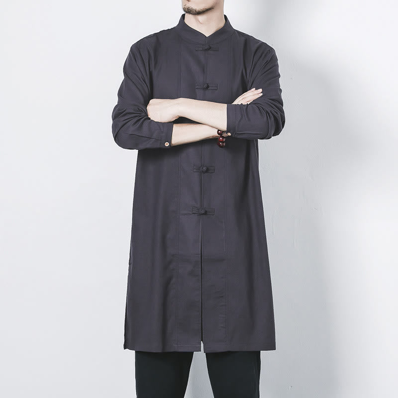 Manteau mi-long en lin à boutons de grenouille simples Buddha Stones Fall pour hommes Zen Clothing - image 26