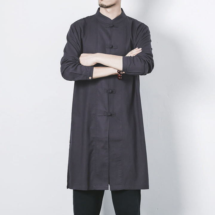 Manteau mi-long en lin à boutons de grenouille simples Buddha Stones Fall pour hommes Zen Clothing - image 26