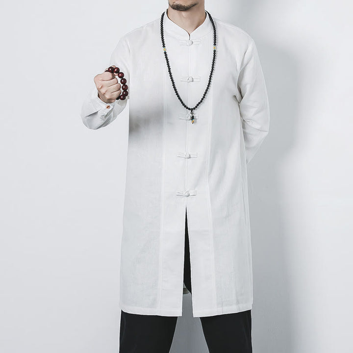 Manteau mi-long en lin à boutons de grenouille simples Buddha Stones Fall pour hommes Zen Clothing - Blanc - US/UK/AU46，EU56 (5XL) - image 14