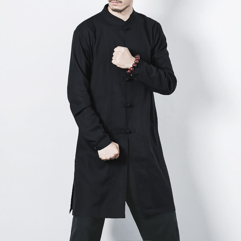 Manteau mi-long en lin à boutons de grenouille simples Buddha Stones Fall pour hommes Zen Clothing - Noir - US/UK/AU46，EU56 (5XL) - image 16