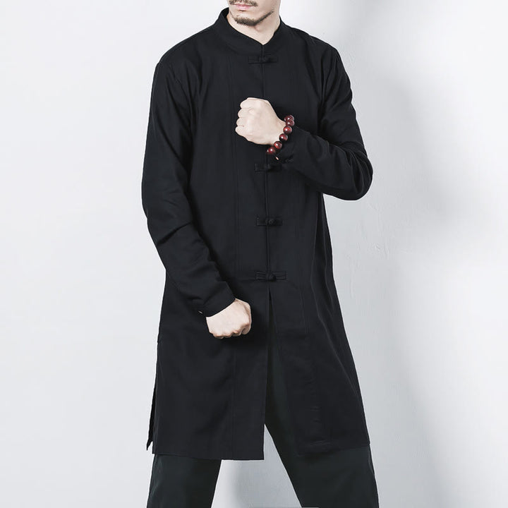 Manteau mi-long en lin à boutons de grenouille simples Buddha Stones Fall pour hommes Zen Clothing - Noir - US/UK/AU46，EU56 (5XL) - image 16