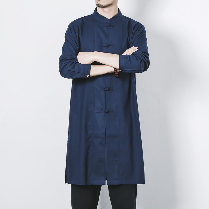 Manteau mi-long en lin à boutons de grenouille simples Buddha Stones Fall pour hommes Zen Clothing - image 7