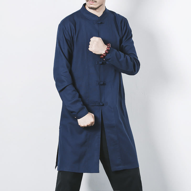 Manteau mi-long en lin à boutons de grenouille simples Buddha Stones Fall pour hommes Zen Clothing - Bleu acier - US/UK/AU46，EU56 (5XL) - image 0