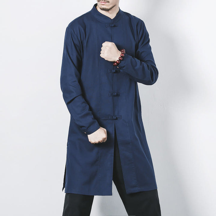 Manteau mi-long en lin à boutons de grenouille simples Buddha Stones Fall pour hommes Zen Clothing - Bleu acier - US/UK/AU46，EU56 (5XL) - image 0