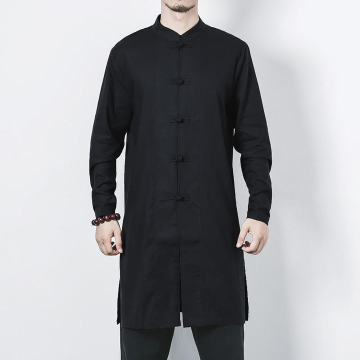 Manteau mi-long en lin à boutons de grenouille simples Buddha Stones Fall pour hommes Zen Clothing - image 17