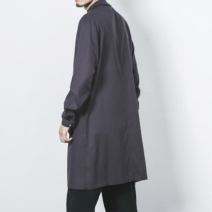 Manteau mi-long en lin à boutons de grenouille simples Buddha Stones Fall pour hommes Zen Clothing - image 24