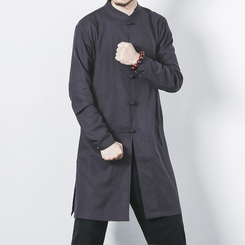 Manteau mi-long en lin à boutons de grenouille simples Buddha Stones Fall pour hommes Zen Clothing - Gris - US/UK/AU46，EU56 (5XL) - image 22