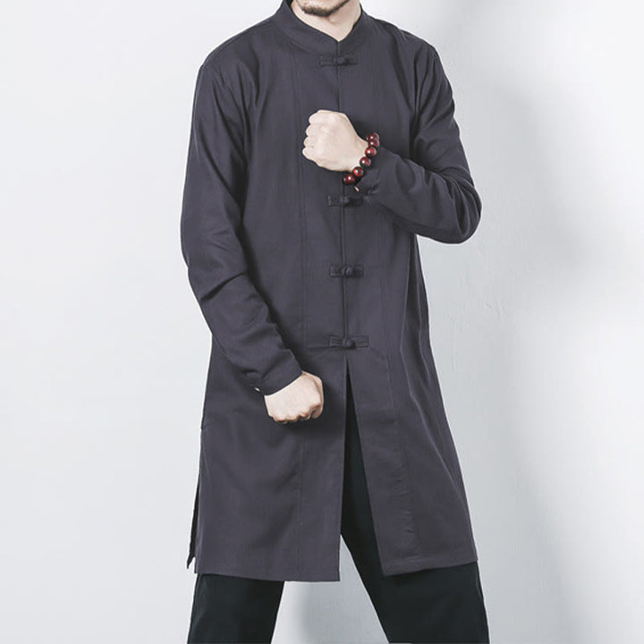 Manteau mi-long en lin à boutons de grenouille simples Buddha Stones Fall pour hommes Zen Clothing - Gris - US/UK/AU46，EU56 (5XL) - image 22