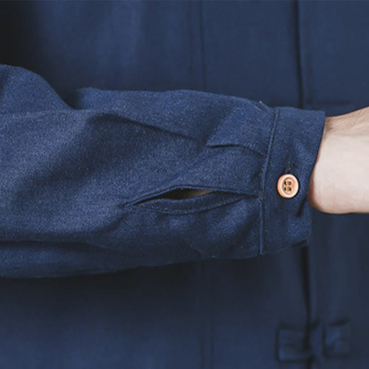 Manteau mi-long en lin à boutons de grenouille simples Buddha Stones Fall pour hommes Zen Clothing - image 11