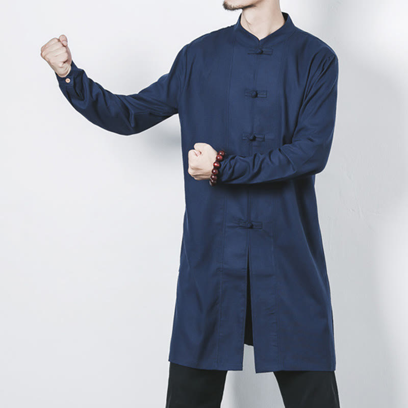 Manteau mi-long en lin à boutons de grenouille simples Buddha Stones Fall pour hommes Zen Clothing - image 4