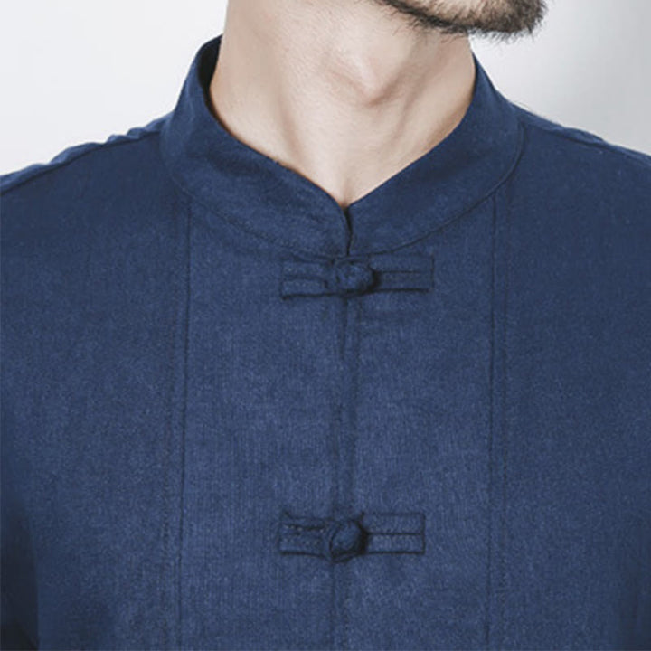 Manteau mi-long en lin à boutons de grenouille simples Buddha Stones Fall pour hommes Zen Clothing - image 9