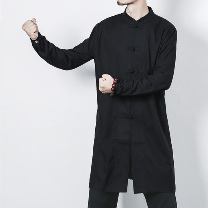 Manteau mi-long en lin à boutons de grenouille simples Buddha Stones Fall pour hommes Zen Clothing - image 21
