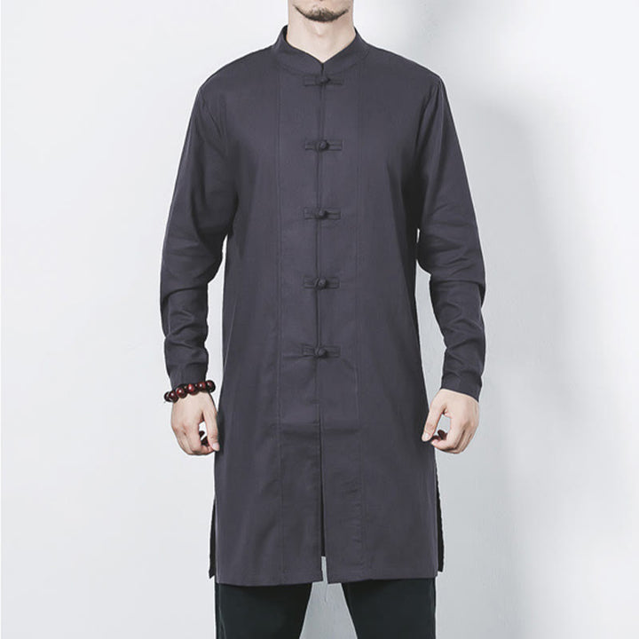 Manteau mi-long en lin à boutons de grenouille simples Buddha Stones Fall pour hommes Zen Clothing - image 23