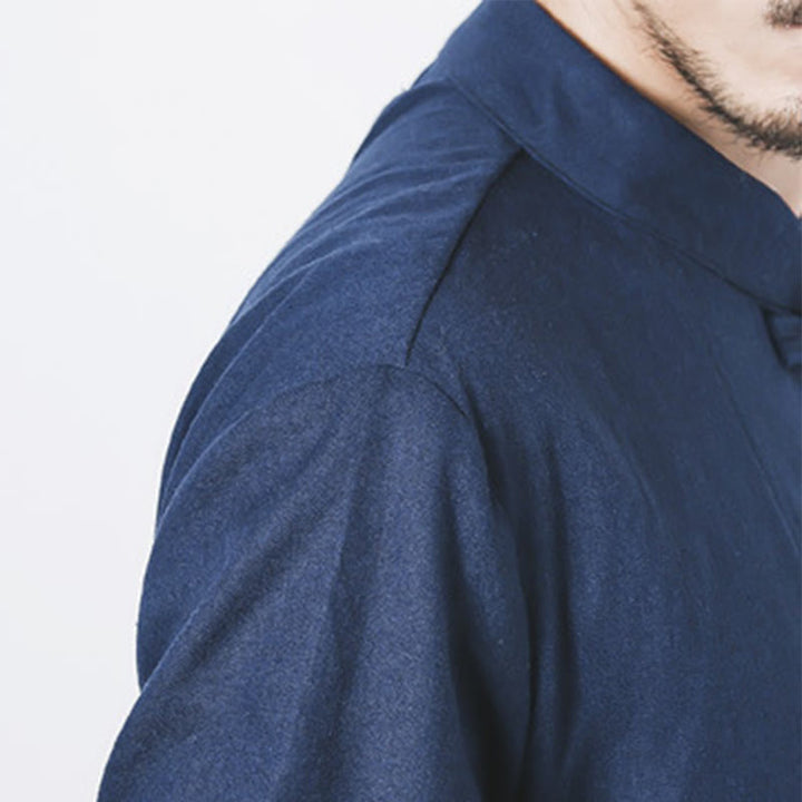 Manteau mi-long en lin à boutons de grenouille simples Buddha Stones Fall pour hommes Zen Clothing - image 8