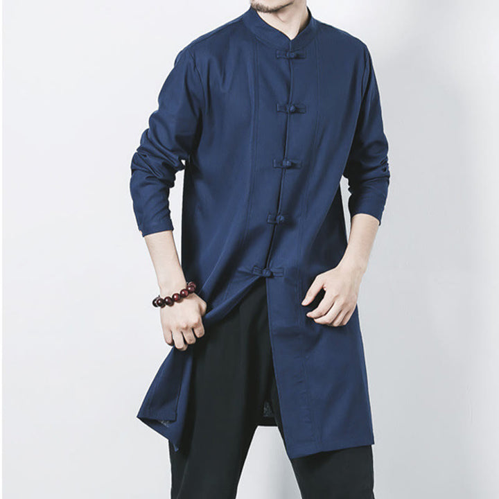 Manteau mi-long en lin à boutons de grenouille simples Buddha Stones Fall pour hommes Zen Clothing - image 2