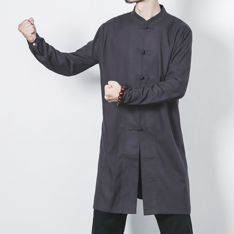 Manteau mi-long en lin à boutons de grenouille simples Buddha Stones Fall pour hommes Zen Clothing - image 25