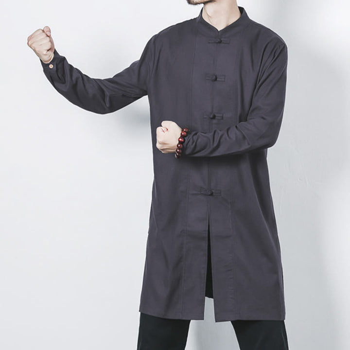 Manteau mi-long en lin à boutons de grenouille simples Buddha Stones Fall pour hommes Zen Clothing - image 25