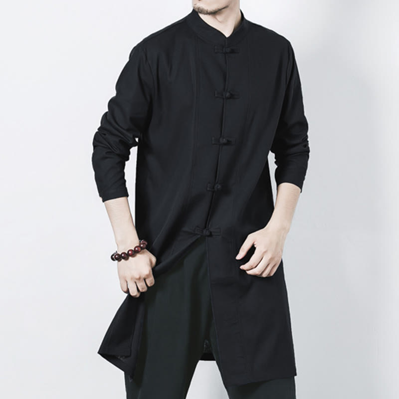 Manteau mi-long en lin à boutons de grenouille simples Buddha Stones Fall pour hommes Zen Clothing - image 18