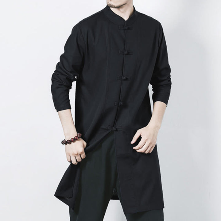 Manteau mi-long en lin à boutons de grenouille simples Buddha Stones Fall pour hommes Zen Clothing - image 18