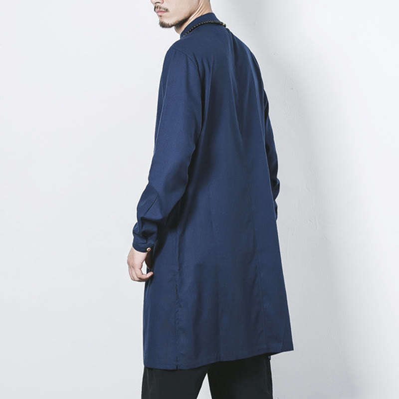 Manteau mi-long en lin à boutons de grenouille simples Buddha Stones Fall pour hommes Zen Clothing - image 3
