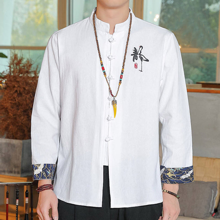 Chemise à manches longues et boutons de grenouille en lin pour homme Buddha Stones