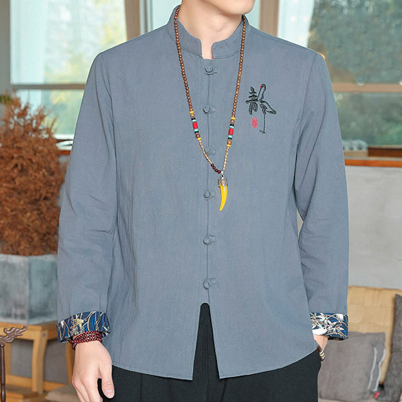 Chemise à manches longues et boutons de grenouille en lin pour homme Buddha Stones