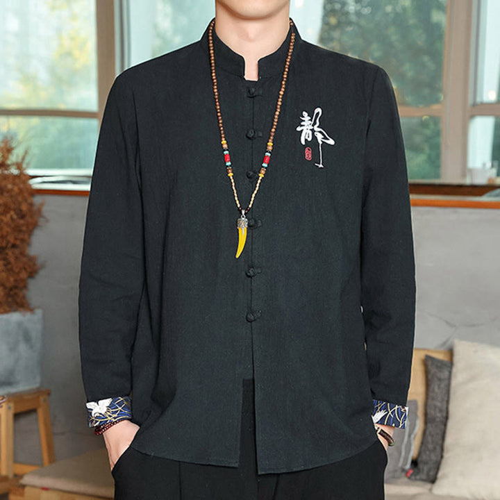 Chemise à manches longues et boutons de grenouille en lin pour homme Buddha Stones