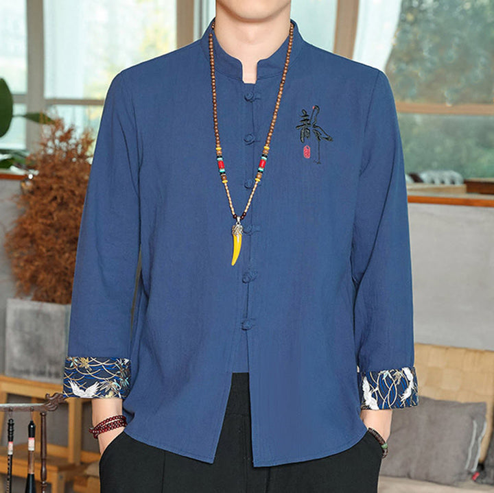 Chemise à manches longues et boutons de grenouille en lin pour homme Buddha Stones