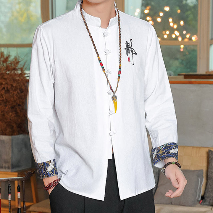 Chemise à manches longues et boutons de grenouille en lin pour homme Buddha Stones