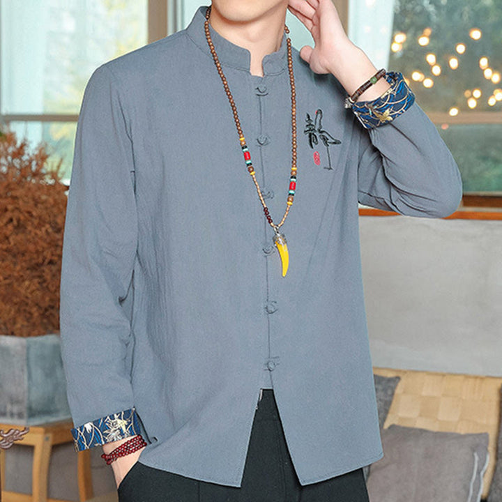 Chemise à manches longues et boutons de grenouille en lin pour homme Buddha Stones