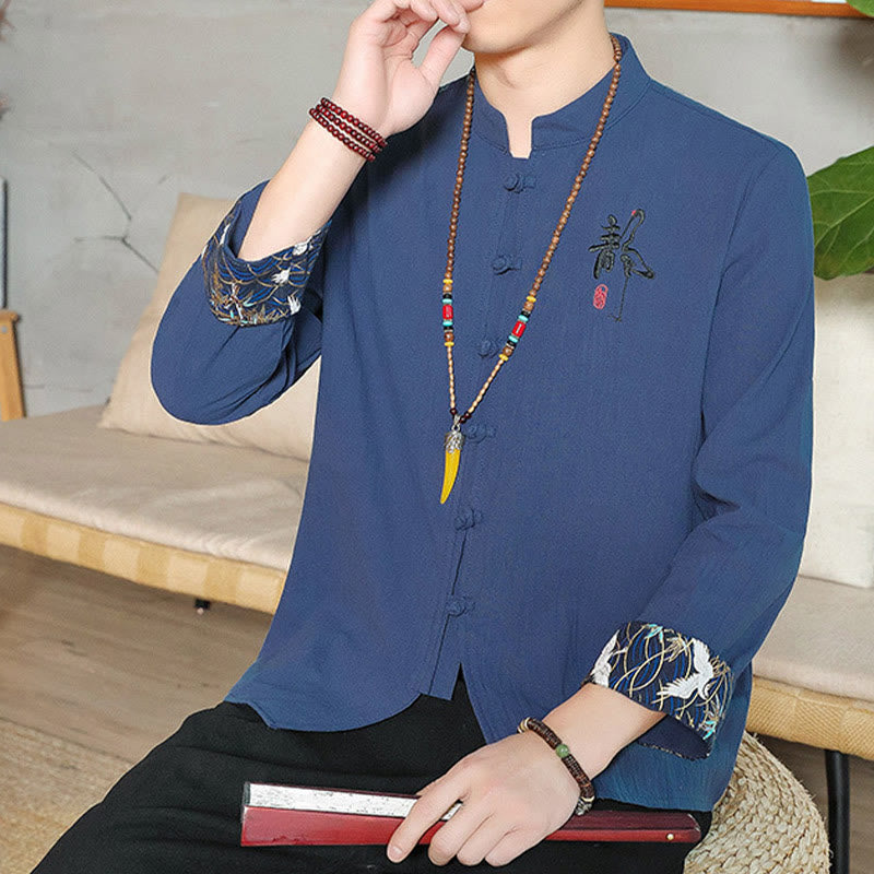 Chemise à manches longues et boutons de grenouille en lin pour homme Buddha Stones