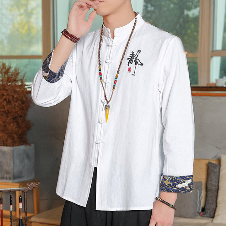 Chemise à manches longues et boutons de grenouille en lin pour homme Buddha Stones