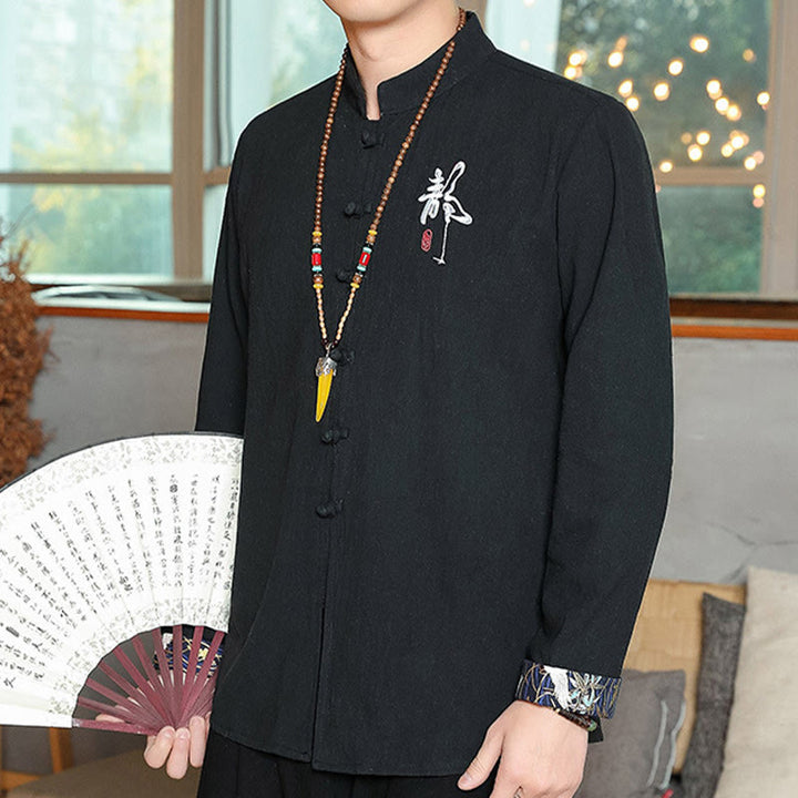 Chemise à manches longues et boutons de grenouille en lin pour homme Buddha Stones