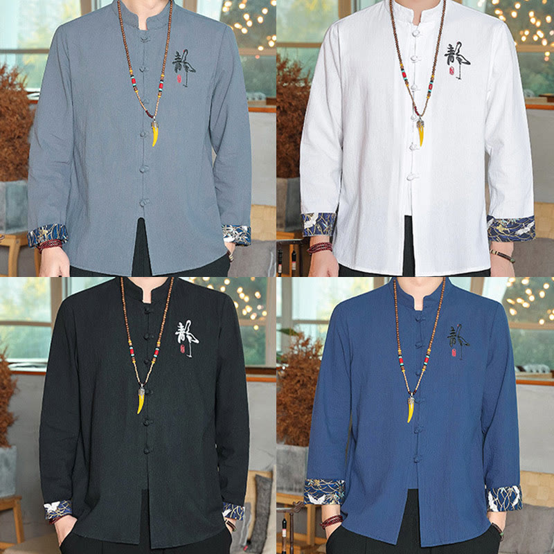 Chemise à manches longues et boutons de grenouille en lin pour homme Buddha Stones