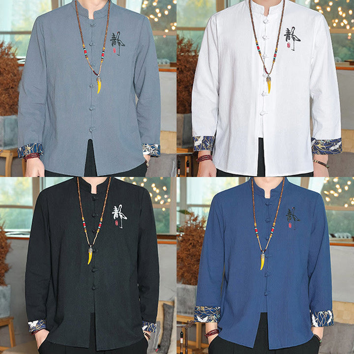 Chemise à manches longues et boutons de grenouille en lin pour homme Buddha Stones