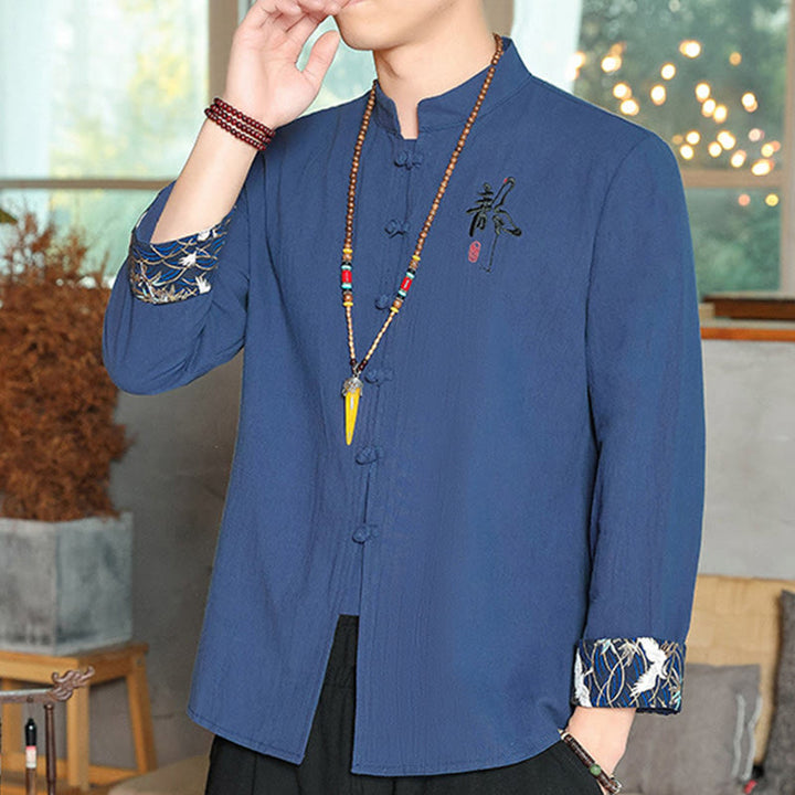 Chemise à manches longues et boutons de grenouille en lin pour homme Buddha Stones