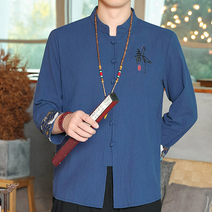 Chemise à manches longues et boutons de grenouille en lin pour homme Buddha Stones
