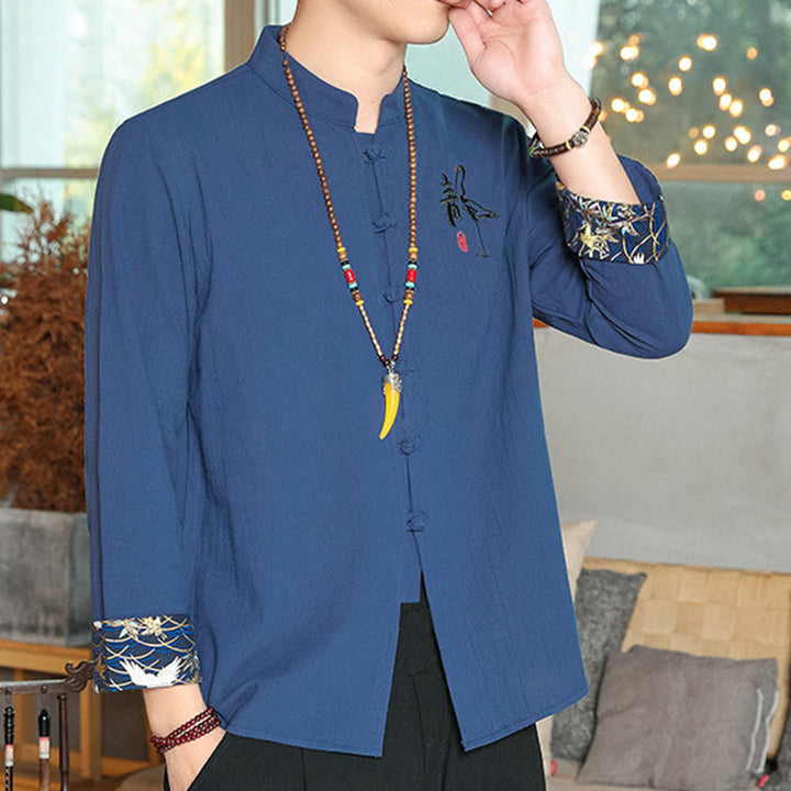 Chemise à manches longues et boutons de grenouille en lin pour homme Buddha Stones