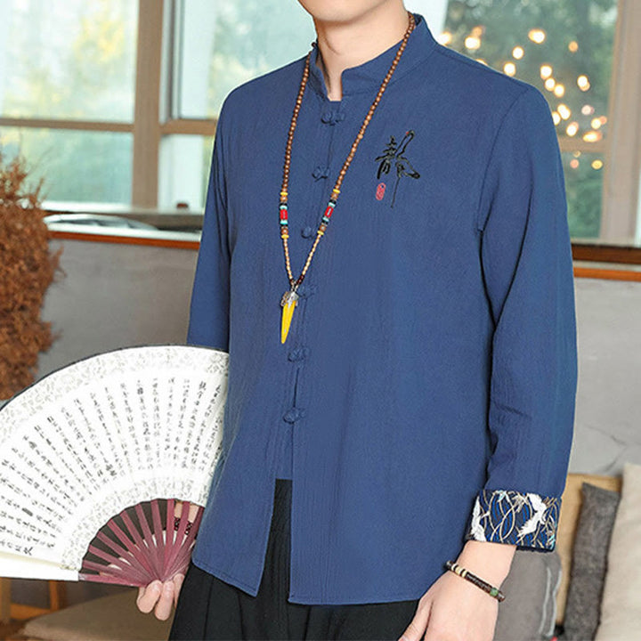 Chemise à manches longues et boutons de grenouille en lin pour homme Buddha Stones