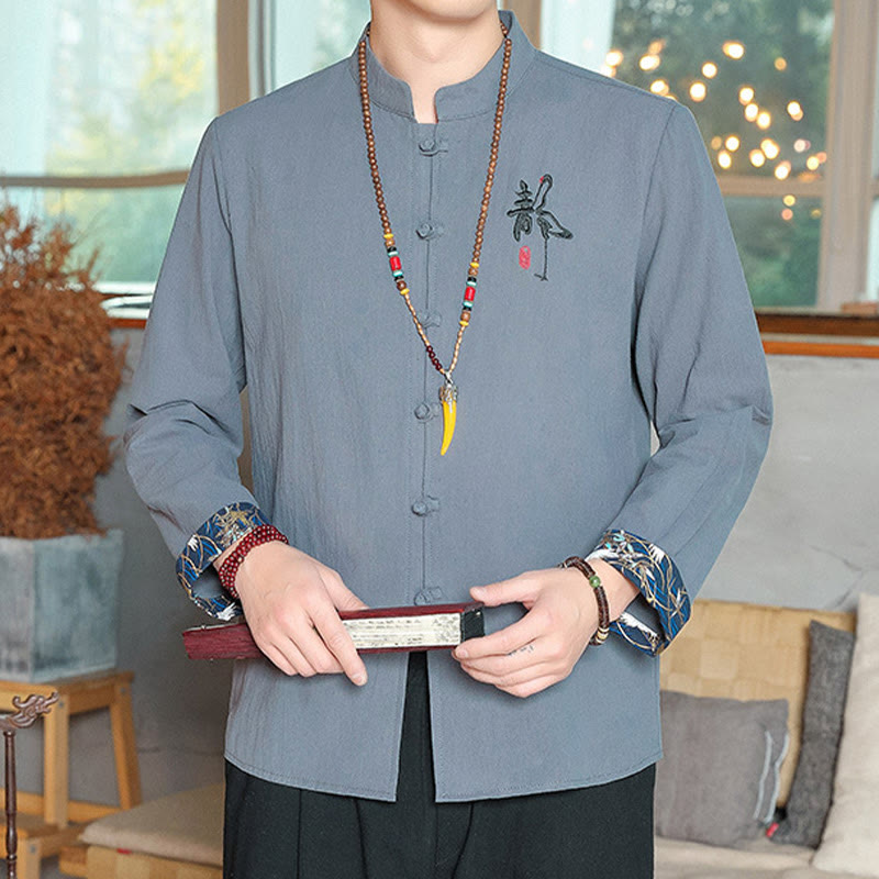 Chemise à manches longues et boutons de grenouille en lin pour homme Buddha Stones