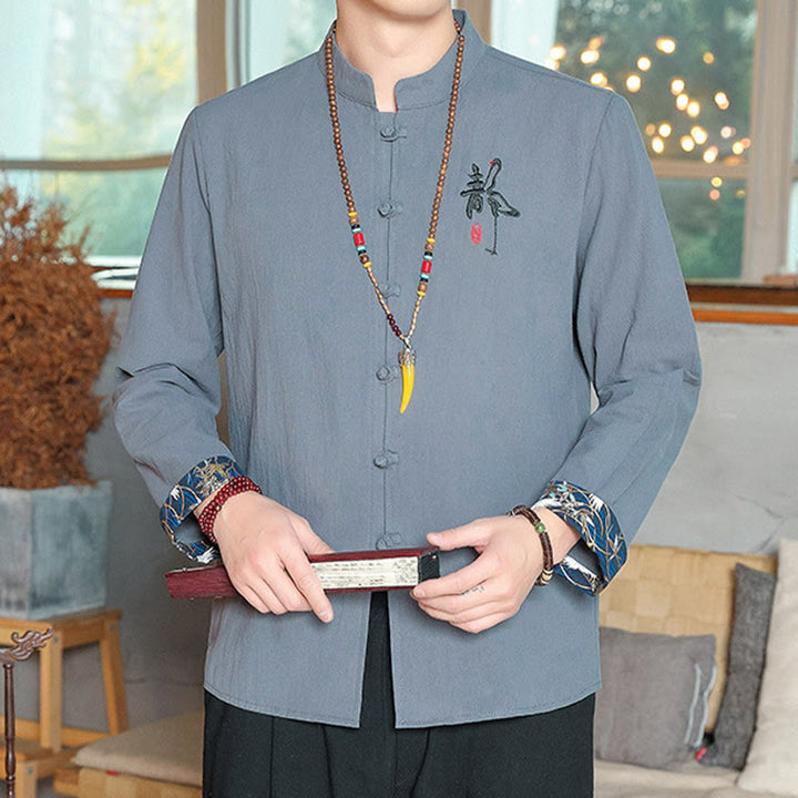 Chemise à manches longues et boutons de grenouille en lin pour homme Buddha Stones