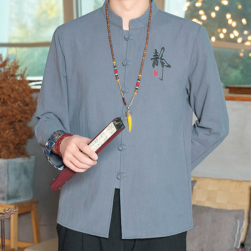 Chemise à manches longues et boutons de grenouille en lin pour homme Buddha Stones