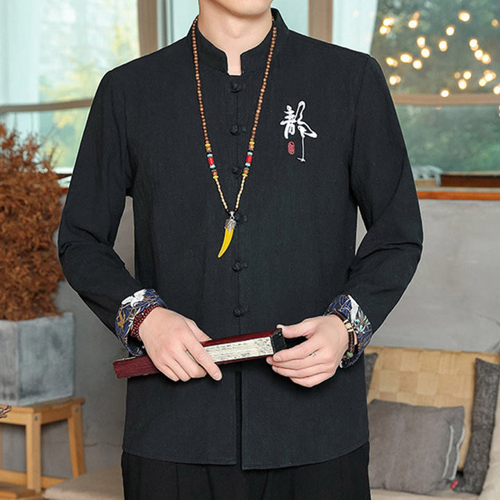 Chemise à manches longues et boutons de grenouille en lin pour homme Buddha Stones