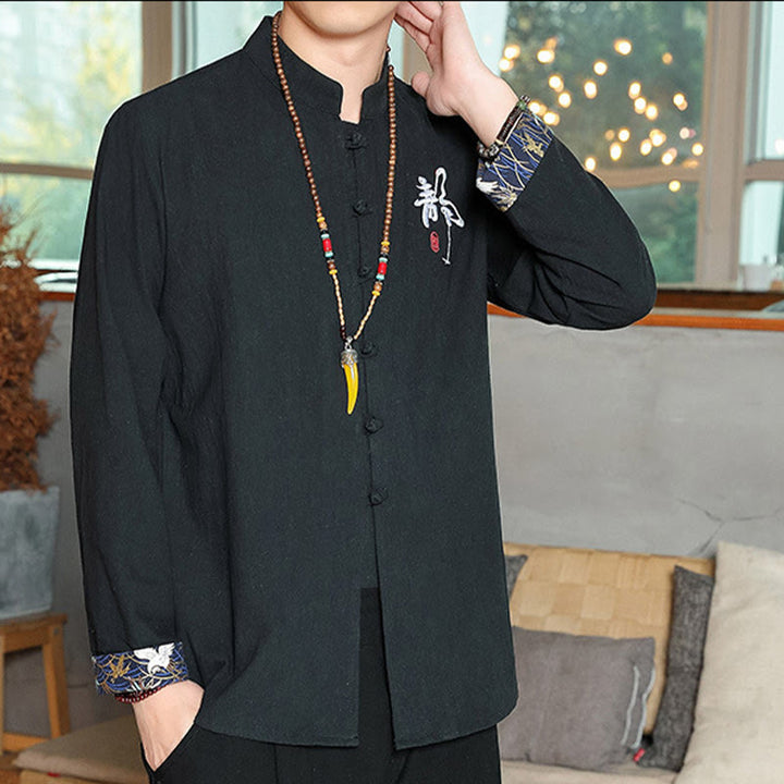 Chemise à manches longues et boutons de grenouille en lin pour homme Buddha Stones