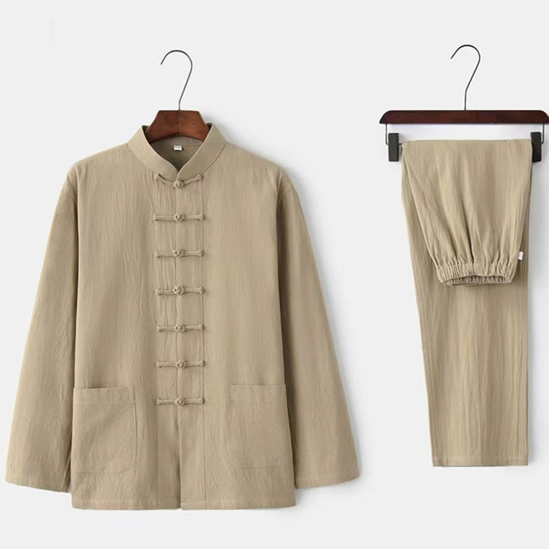 Ensemble 2 pièces de costume Tang traditionnel avec boutons de Buddha Stones et chemise à manches longues et pantalon pour homme - Beige - US/UK/AU46，EU56 (5XL) - image 0