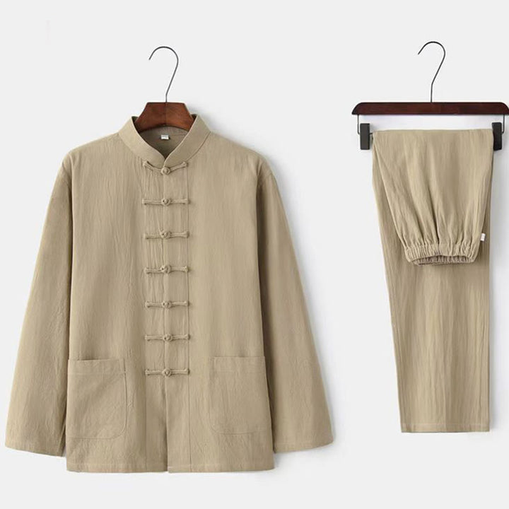 Ensemble 2 pièces de costume Tang traditionnel avec boutons de Buddha Stones et chemise à manches longues et pantalon pour homme - Beige - US/UK/AU46，EU56 (5XL) - image 0