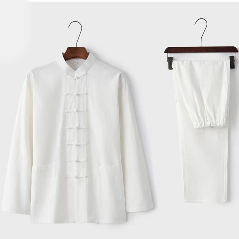 Ensemble 2 pièces de costume Tang traditionnel avec boutons de Buddha Stones et chemise à manches longues et pantalon pour homme - Blanc - US/UK/AU46，EU56 (5XL) - image 1