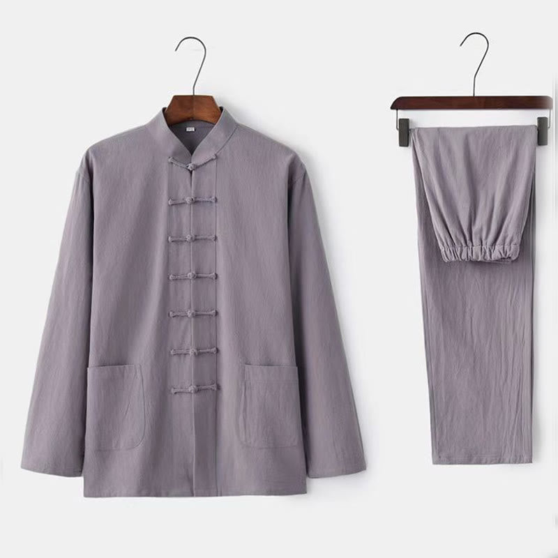 Ensemble 2 pièces de costume Tang traditionnel avec boutons de Buddha Stones et chemise à manches longues et pantalon pour homme - Gainsboro - US/UK/AU46，EU56 (5XL) - image 2