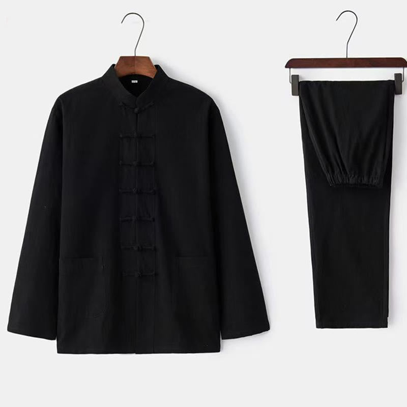 Ensemble 2 pièces de costume Tang traditionnel avec boutons de Buddha Stones et chemise à manches longues et pantalon pour homme - Noir - US/UK/AU46，EU56 (5XL) - image 5