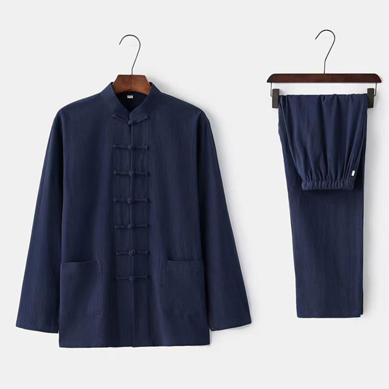 Ensemble 2 pièces de costume Tang traditionnel avec boutons de Buddha Stones et chemise à manches longues et pantalon pour homme - Marine - US/UK/AU46，EU56 (5XL) - image 13